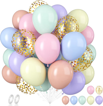 Pastel Balloons, 60 Pcs Pastel Latex Balloons, 12 Inch Macaron Pink Blue Purple Green Yellow Orange Color Balloon Gold Confetti