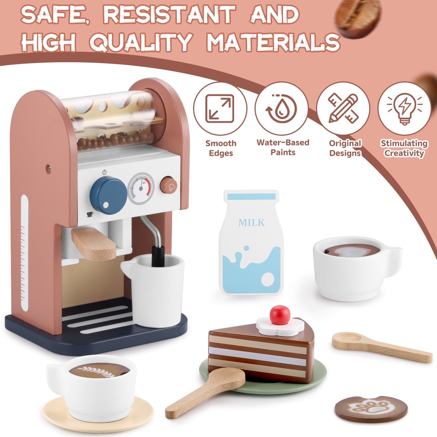 GAGAKU Wooden Coffee Maker Toy 15 pcs Play Kitchen Accessories Toy Coffee Maker for Kids Pretend Playset Toddler Coffee Maker Gi