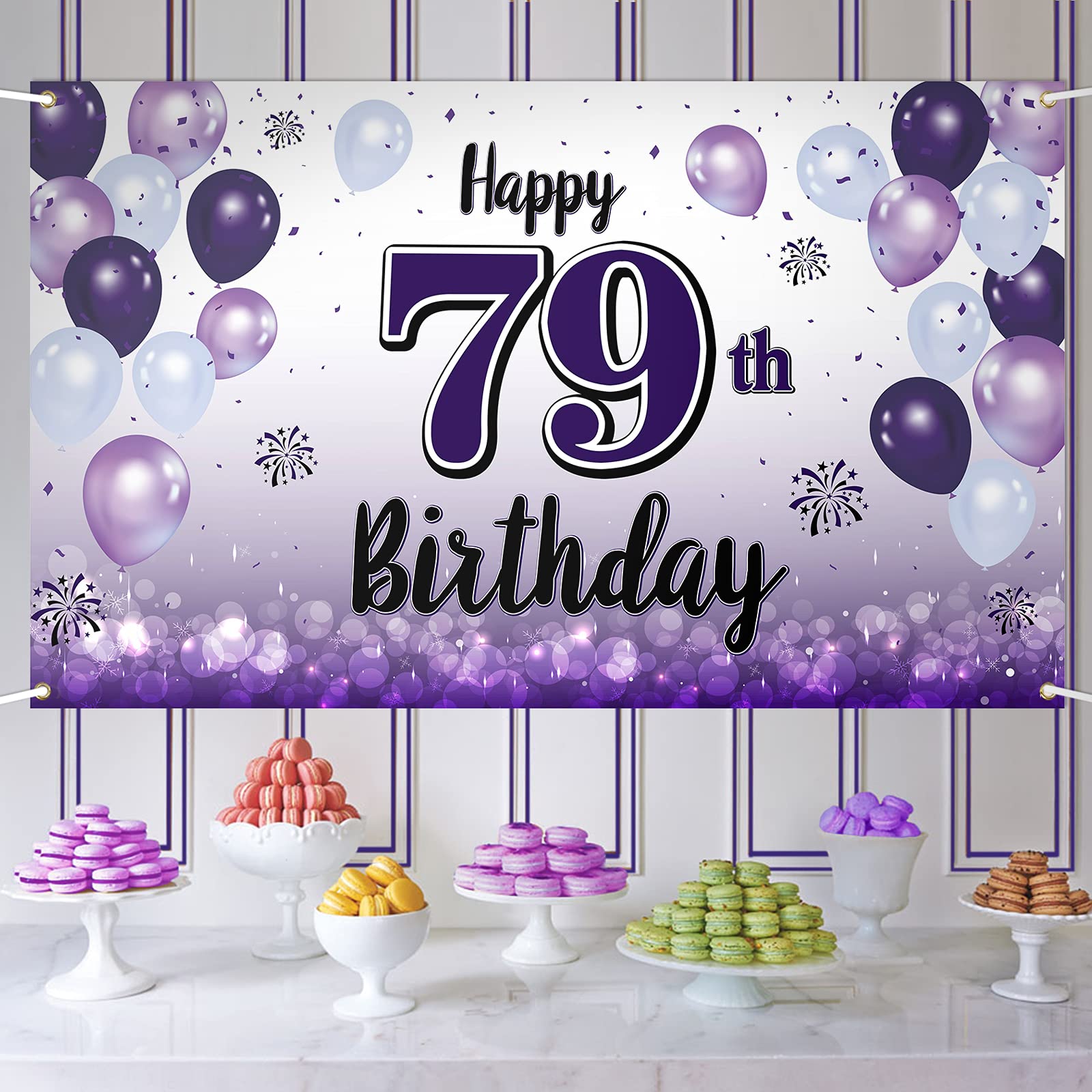 LASKYER Happy 79th Birthday Decorations,79th Purple Balloon Large Birthday Banner Backdrop Sign,79 Years Old Bday Party Supplies