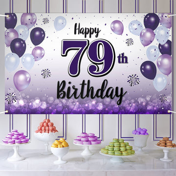 LASKYER Happy 79th Birthday Decorations,79th Purple Balloon Large Birthday Banner Backdrop Sign,79 Years Old Bday Party Supplies
