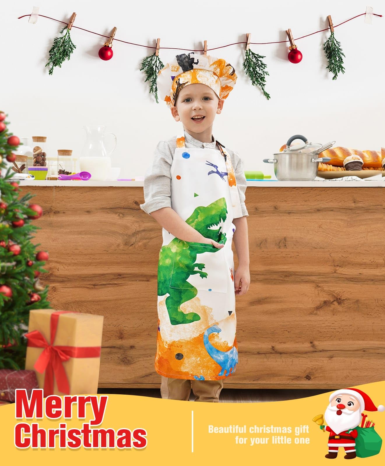 Wernnsai Dinosaur Apron Set - Waterproof Chef Artist Cooking Aprons For Kids Boys Toddler Kitchen Apron With Adjustable Strap Pocket Chef Hat And Mittens For Baking Painting (Extra Small, 2-5 Years)