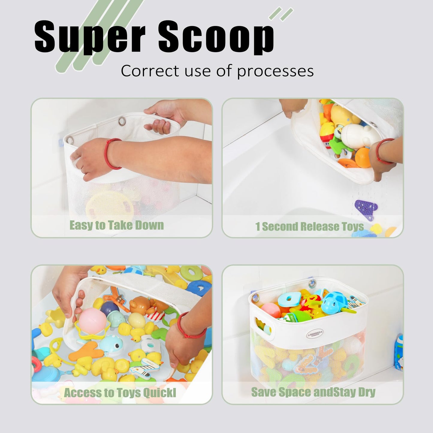 Ligereza Quick Scoop Baby Mesh Bath Toy Storage, 2X Capacity & Large Opening Toy Organizer, Toddler Bath Gift & Bathtub Toy Holder (White)