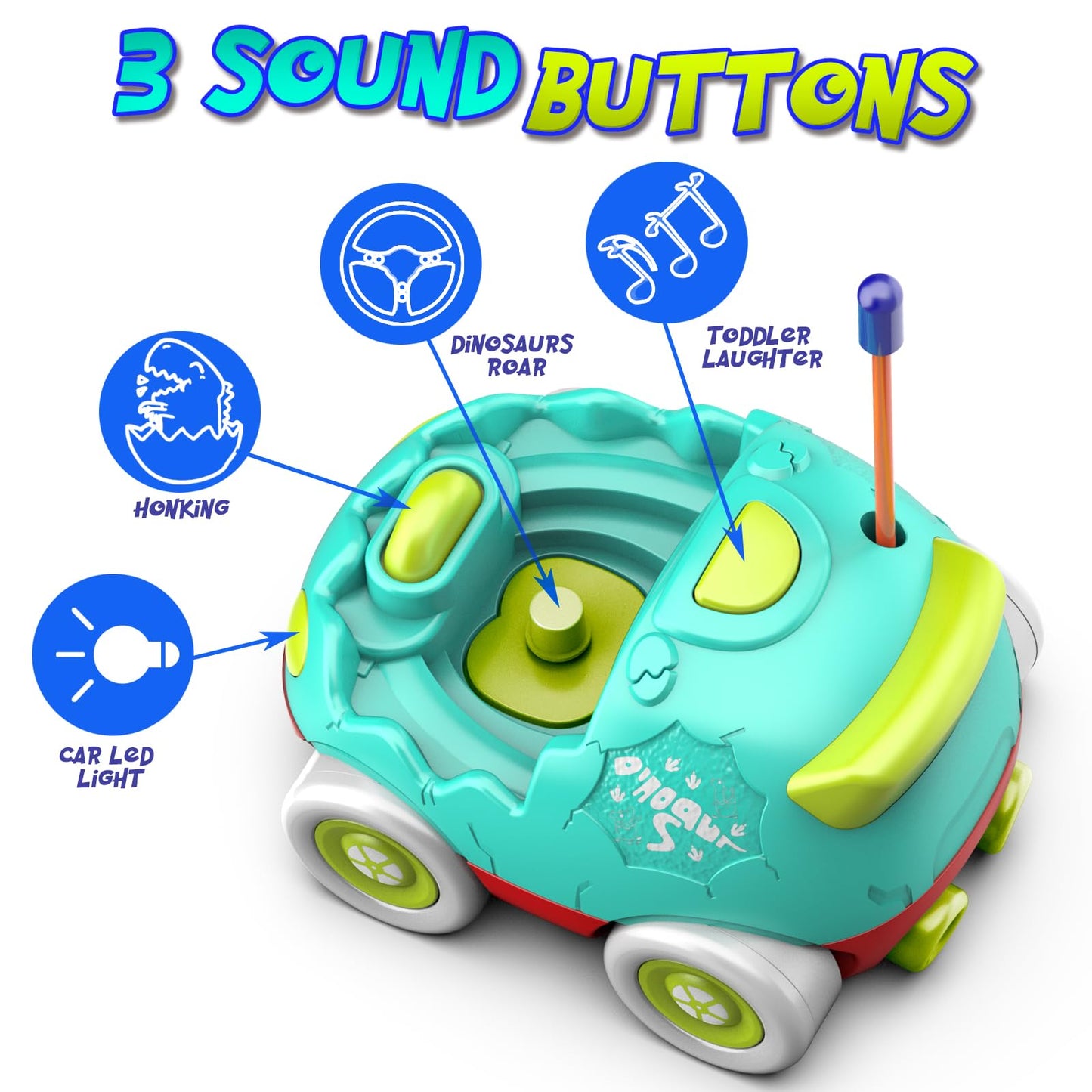 Remote Control Car for Toddlers, Toddler Toys for 18+Months RC Cars with LED Lights & Music, Dinosaur Toys for Kids 2 3 4 5 Year