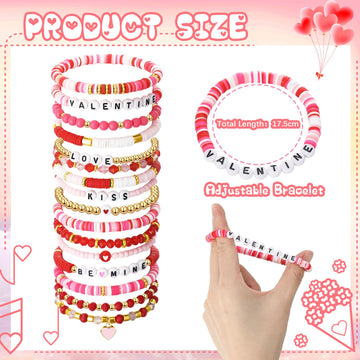 Sasylvia 48 Pcs Valentine's Day Bracelets Pink Heishi Polymer Clay Beaded Bracelets Preppy Beach Stretch Bracelet Elastic String