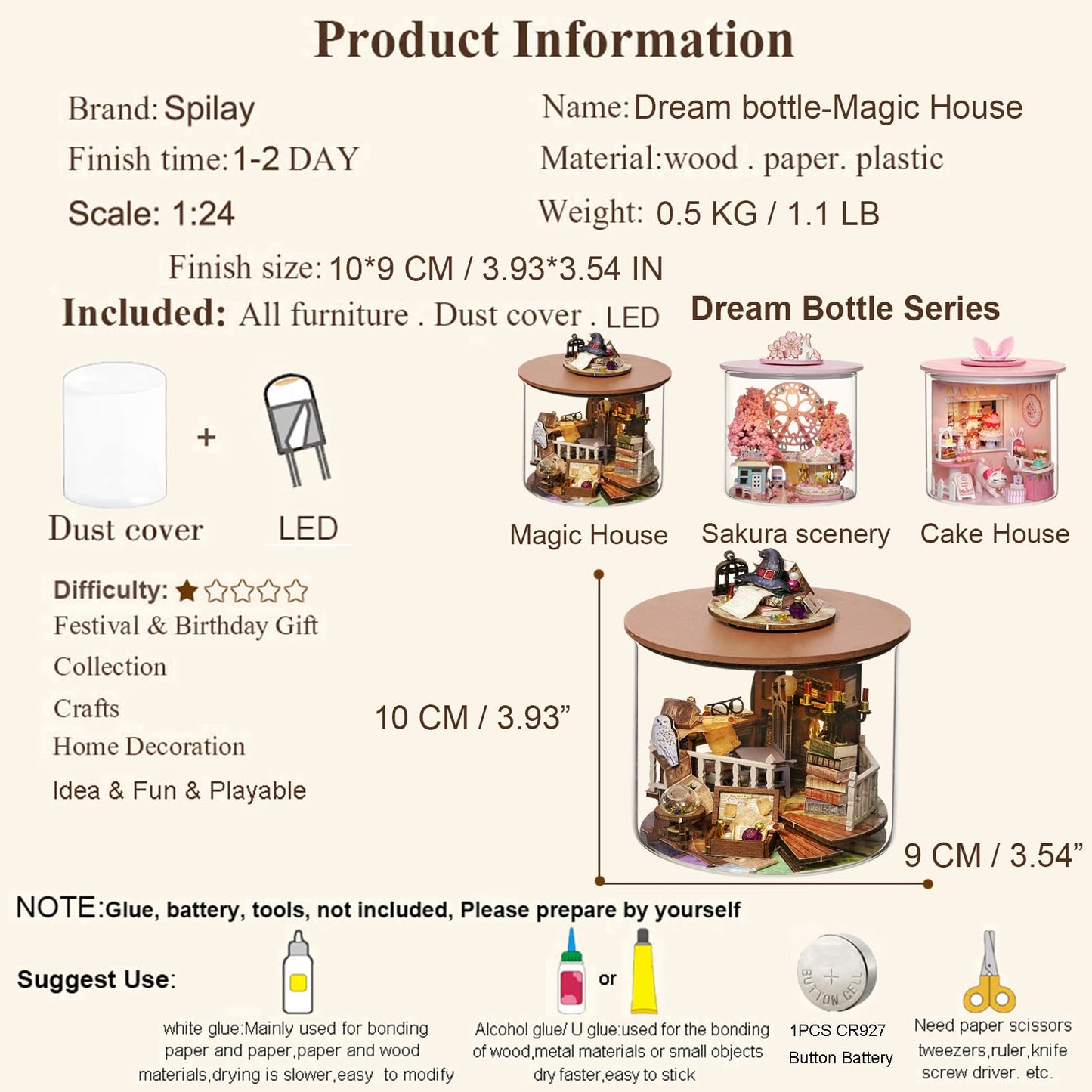 Spilay Dollhouse DIY Miniature Wooden Furniture Kit Mini Handmade Doll House Model with Dust Cover & LED 1:24 Scale Creative Woodcrafts Toys for mature-themed Friend Lover Birthday Gift B32