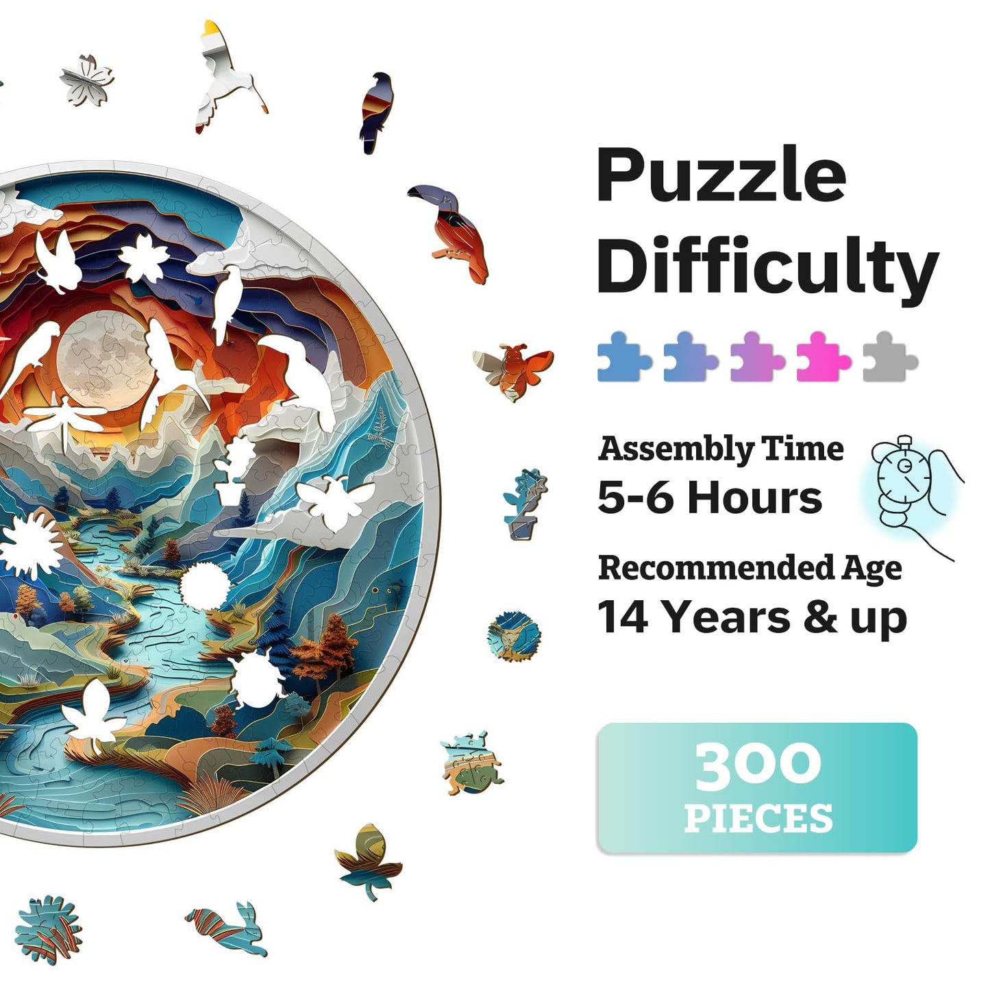 Jigfoxy Wooden Puzzle for mature-themeds  3D Visual Full Sun in The Mountains Wooden Jigsaw Puzzles for mature-themed  Unique Animal Shape Wood Cut Puzzles  for Friends Family (L-13.4 * 13.4in-300pcs)