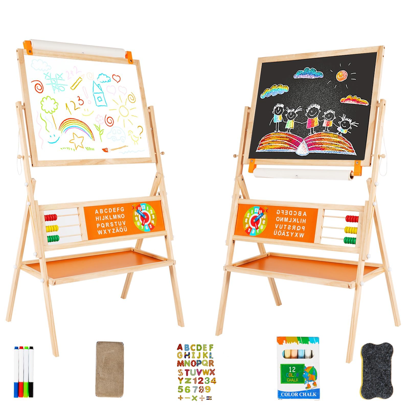 Omotiya 3-In-1 Wooden Easel For Kids, Toddle Double-Sided Easel With Magnetic Whiteboard And Painting Blackboard, 360° Rotatable, Paper-Roll Holder, Storage Tray, And Stickers Included