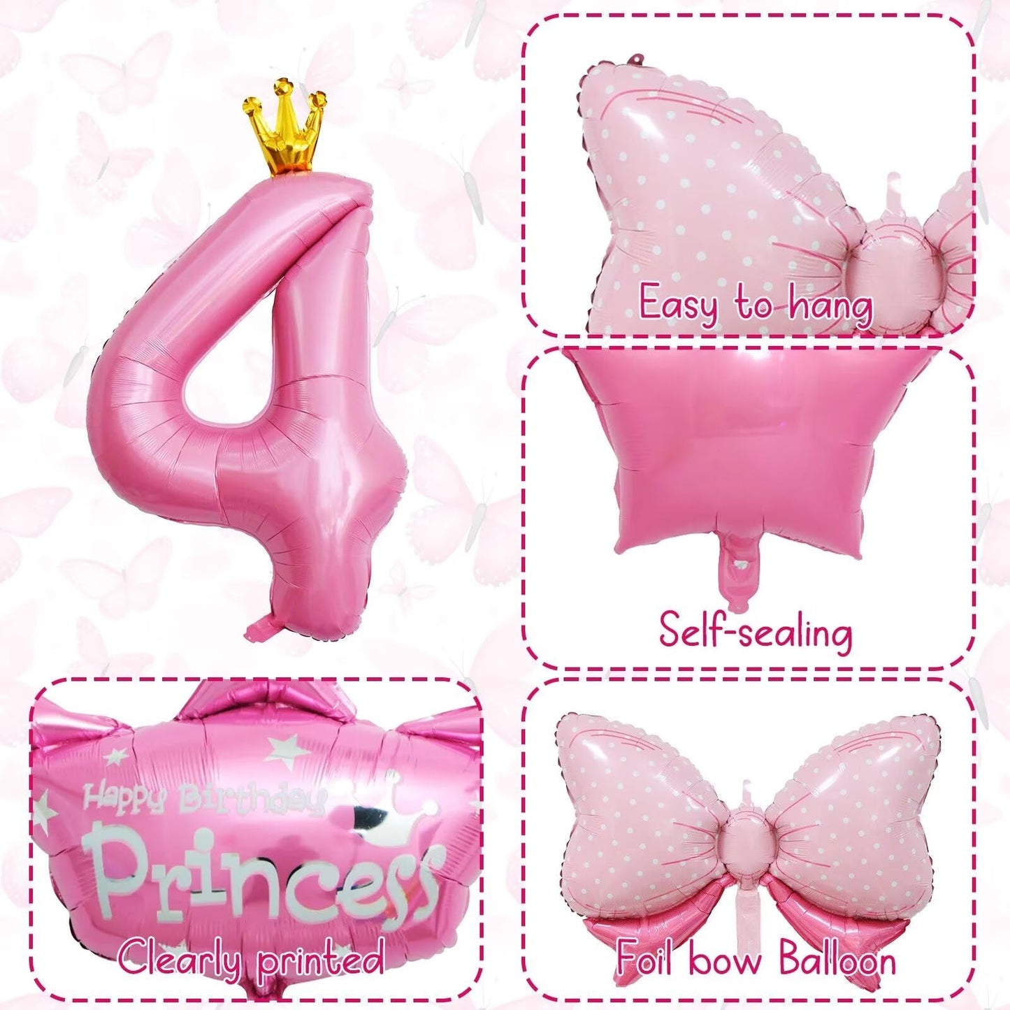 Pink 4Th Birthday Decorations, Pink 4Th Birthday Balloon Set With 40 Inch Pink Number 4, Large Helium Foil Mylar Princess Crown Balloon, Pink Bow Foil Balloons For Girls Birthday Party Decoration