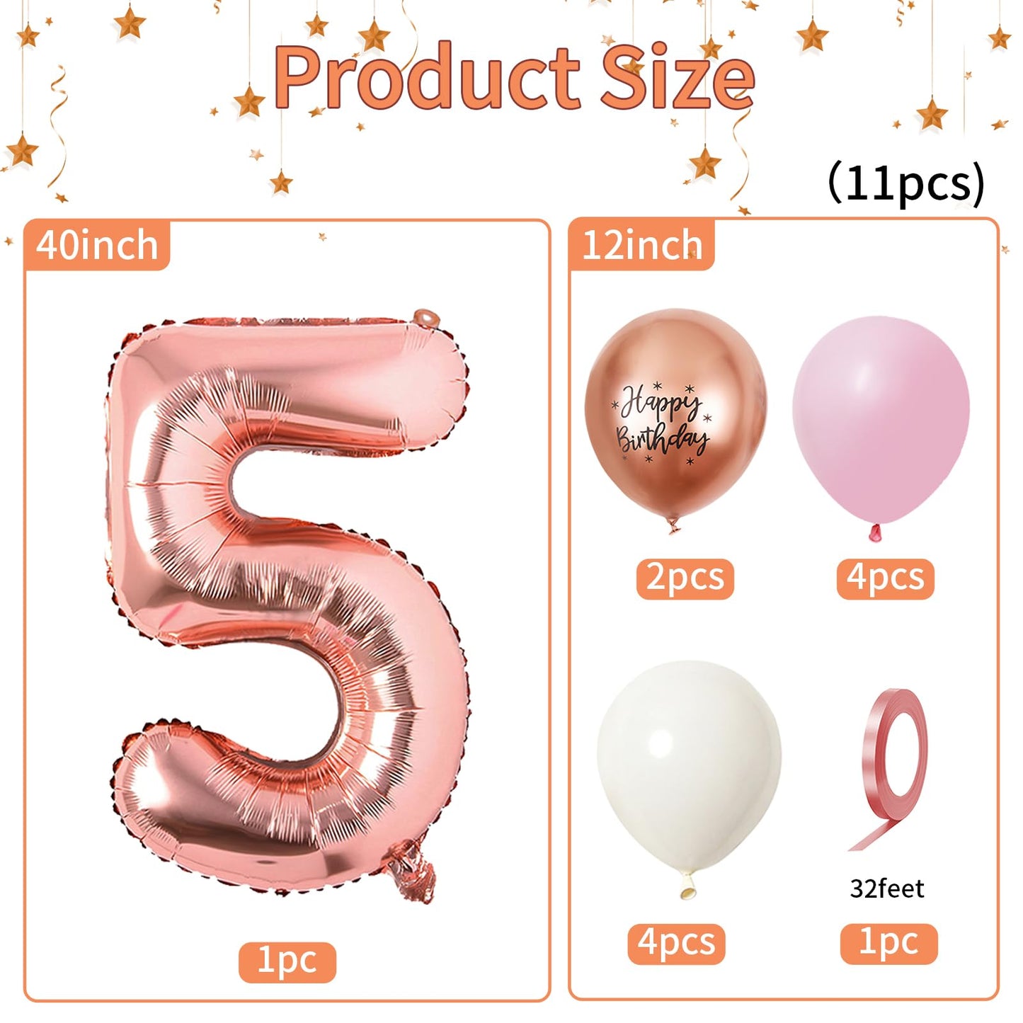 40 Inch Rose Gold Number 5 Balloon, 5Th Birthday Balloons, 11Pcs Rose Gold Birthday Print Balloons Matt White Pink Latex Balloon