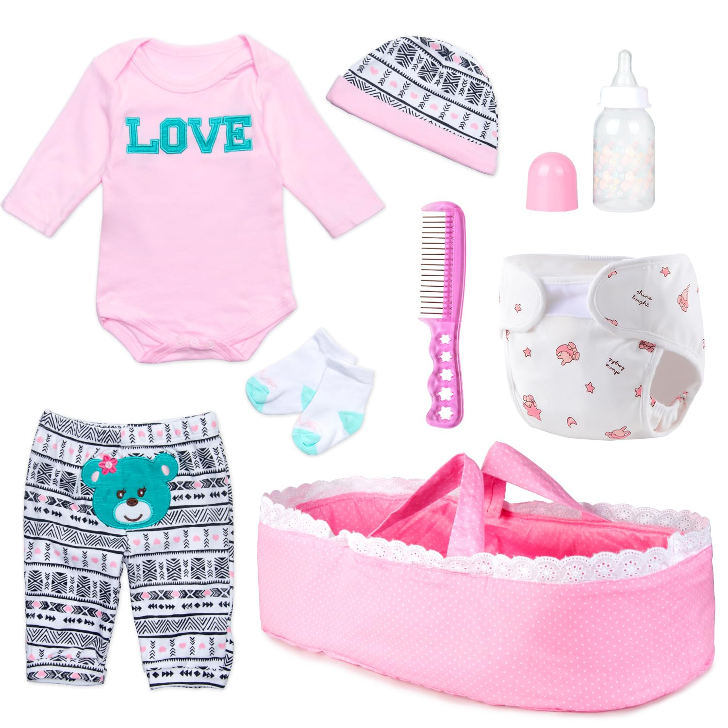 Reborn Baby Doll Clothes Girl Pink Outfits Accesories for 17-22 Inch Reborn Doll Newborn Baby Girl Accesories 8 Pcs Set with Bassinet&Diaper