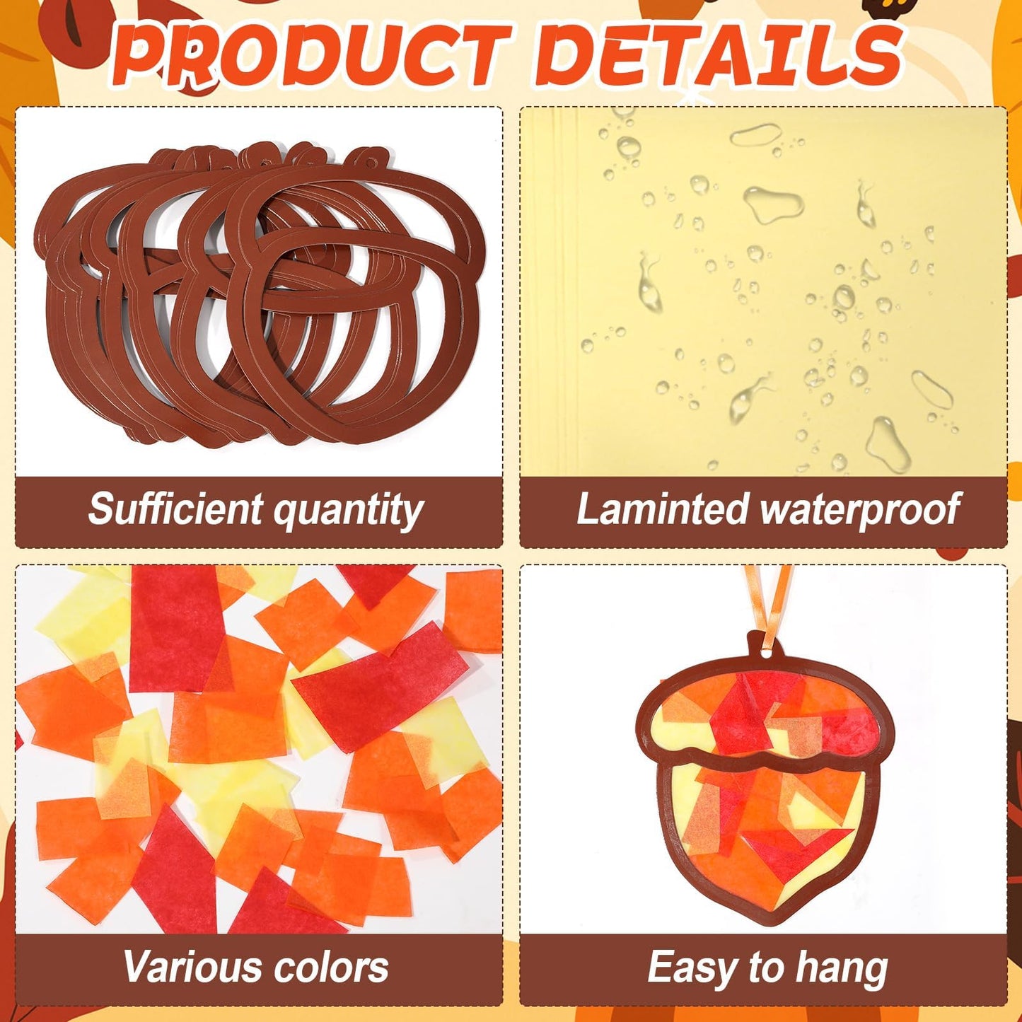 Qyeahkj 36 Set Fall Acorn Suncatchers Crafts for Kids DIY Autumn Window Tissue Paper Craft Kit Hanging Decor for Thinkgiving Hom
