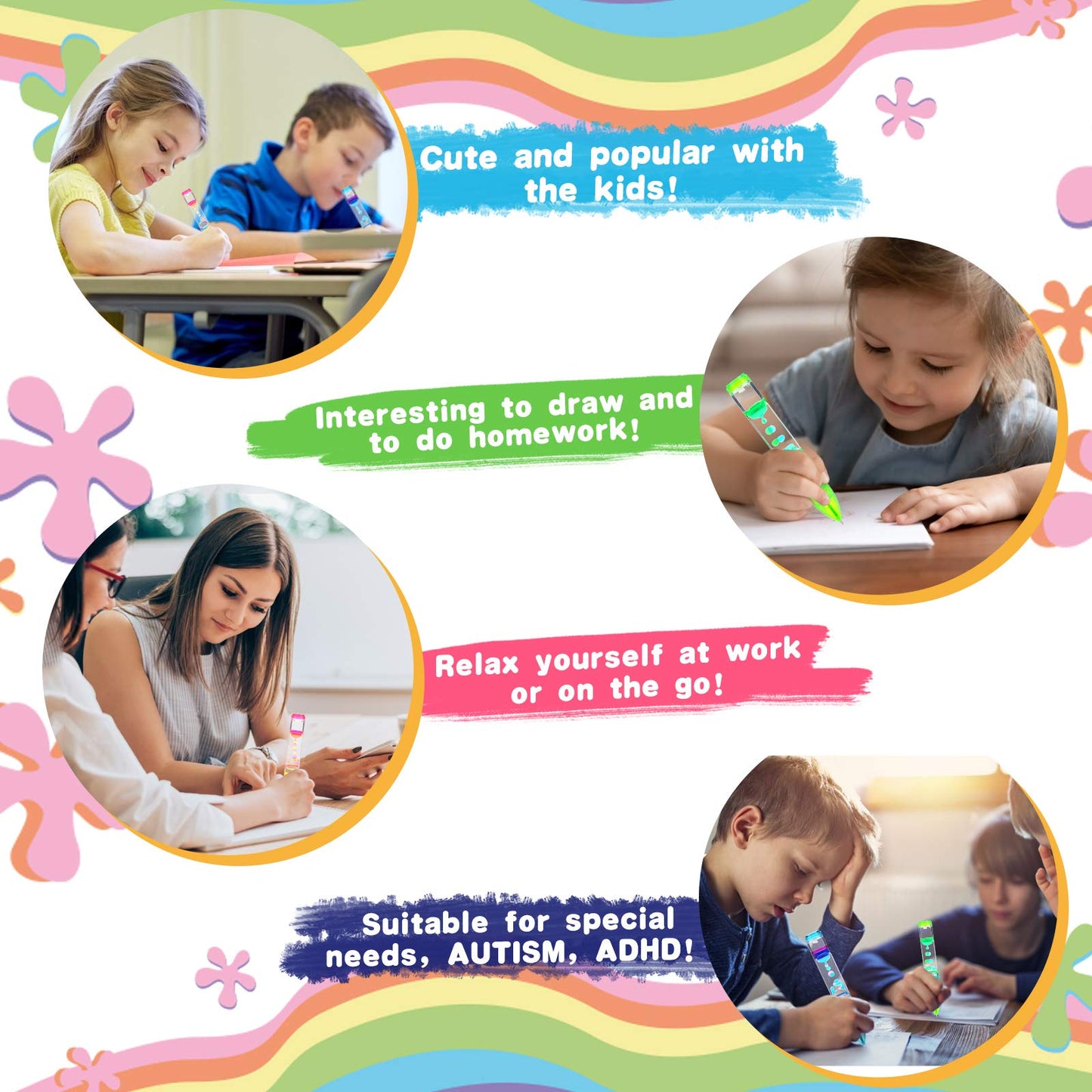 Livond Liquid Timer Pen - Retractable Ballpoint Pen With Colorful Moving Bubbles & Droplets - Relaxing Calming Fidget Sensory Writing Toy For Kids & Adults- 3-Pack (Red, Green, Blue)