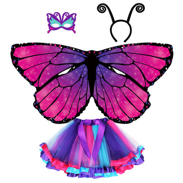 D.Q.Z Fairy Butterfly-Wings Costumes For Girls Dress Up Clothes Rainbow Tutu Mask Headband Role Play Toys For Girl 3-8 Gift (Rose)