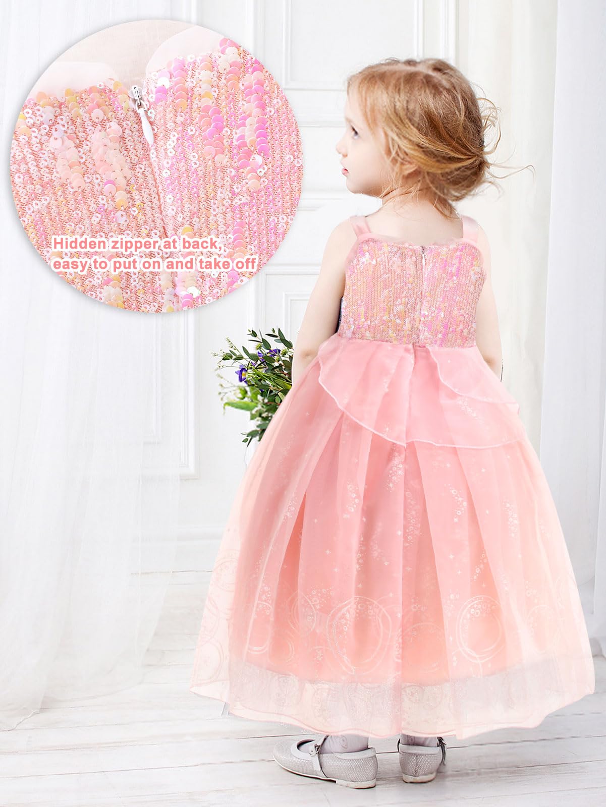 ODESABO Pink Witch Costume for Girls with Crown and Wand Halloween Costume for Kids The Good Witches Princess Dress Up (7-8 Years)