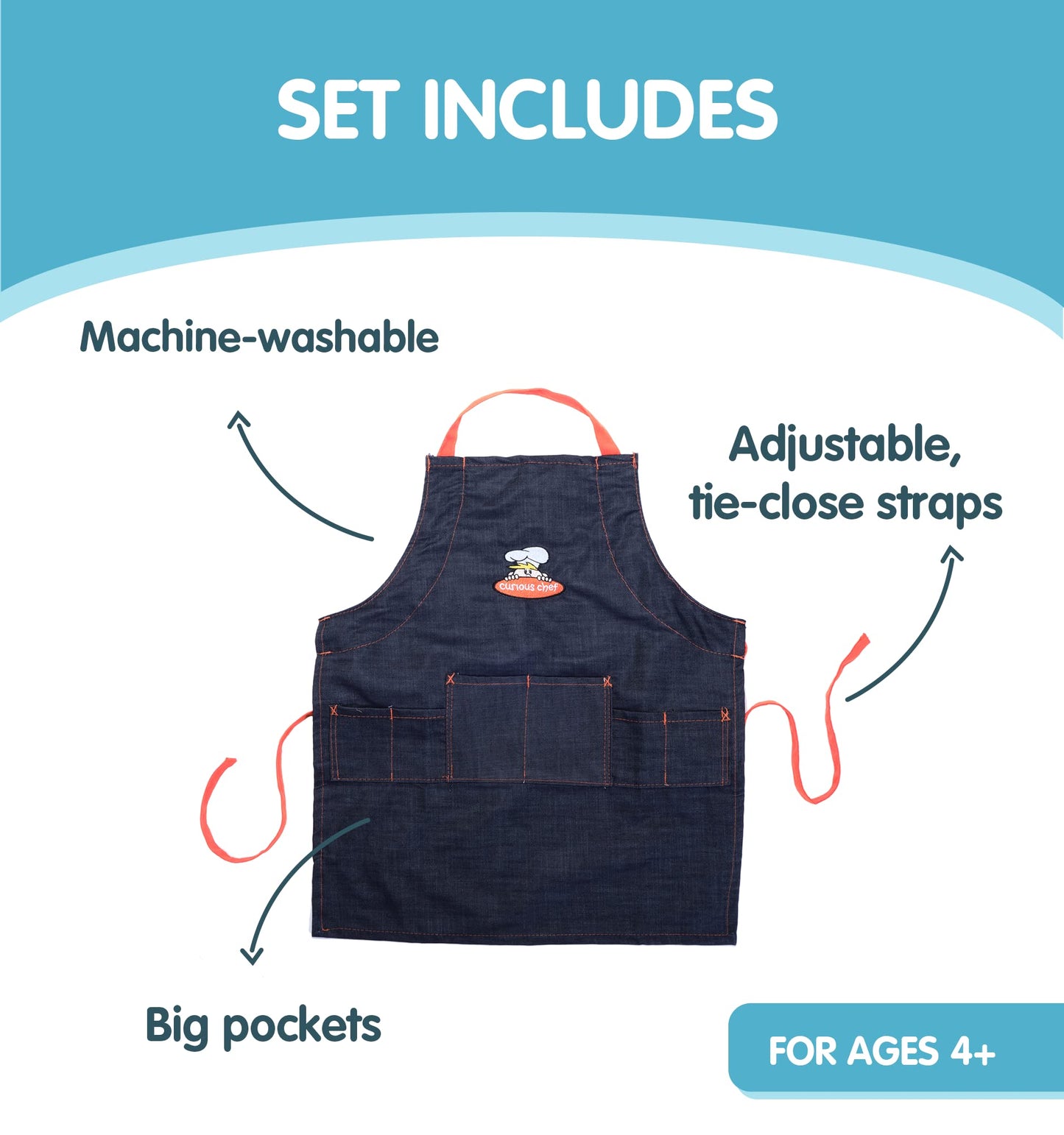 Curious Chef 11-Piece Denim Chef'S Kit For Kids, Includes Real Cooking And Baking Tools - Cotton Apron, Whisk, Spatula, Mixing S