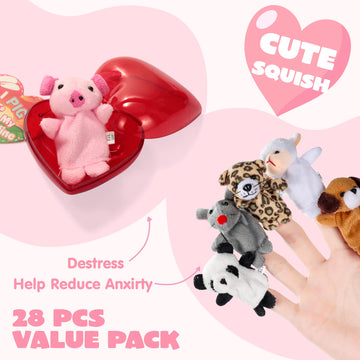 Joyin 28 Packs Valentines Day Prefilled Hearts With Plush Animal Finger Puppet And Valentins Card For Kids Classroom Exchange, V