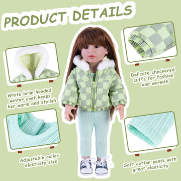 Rakki Dolli Doll Clothes 3 Pc. Set Light Green Grey Plaid Hooded Thick Coat Checkerboard Jacket With Long Sleeve, Warm Doll Outfit Hoodie Snowsuit Fits For 18' Dolls (Doll & Shoes Not Included) 013