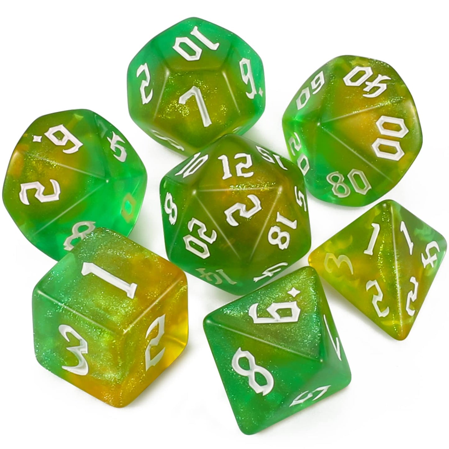 QMAY DND Dice Set -D&D Polyhedral Dice (7 Pcs) for Dungeons and Dragons (Pale Yellow and Green Glitter)