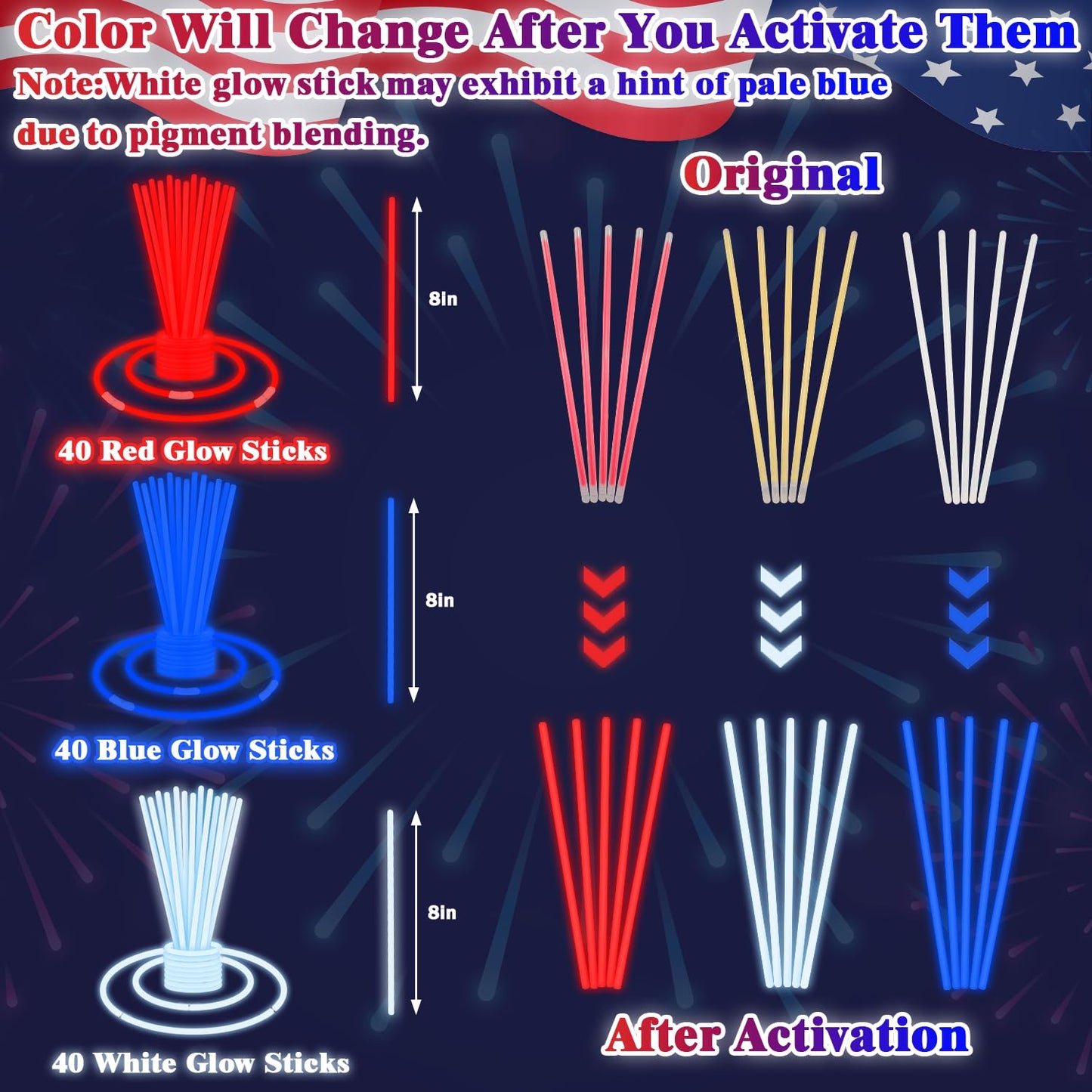 120 PCS 4th of July Accessories for Kids, Patriotic Red White Blue Glow Sticks Party Favors Supplies Bulk,Light up Necklaces Bra