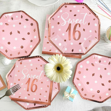 Rose Gold & Pink Sweet 16 Birthday Bundle: Party Supplies Set With Paper Plates, Napkins, Cups, Tablecloth & Banner - Sweet Sixt