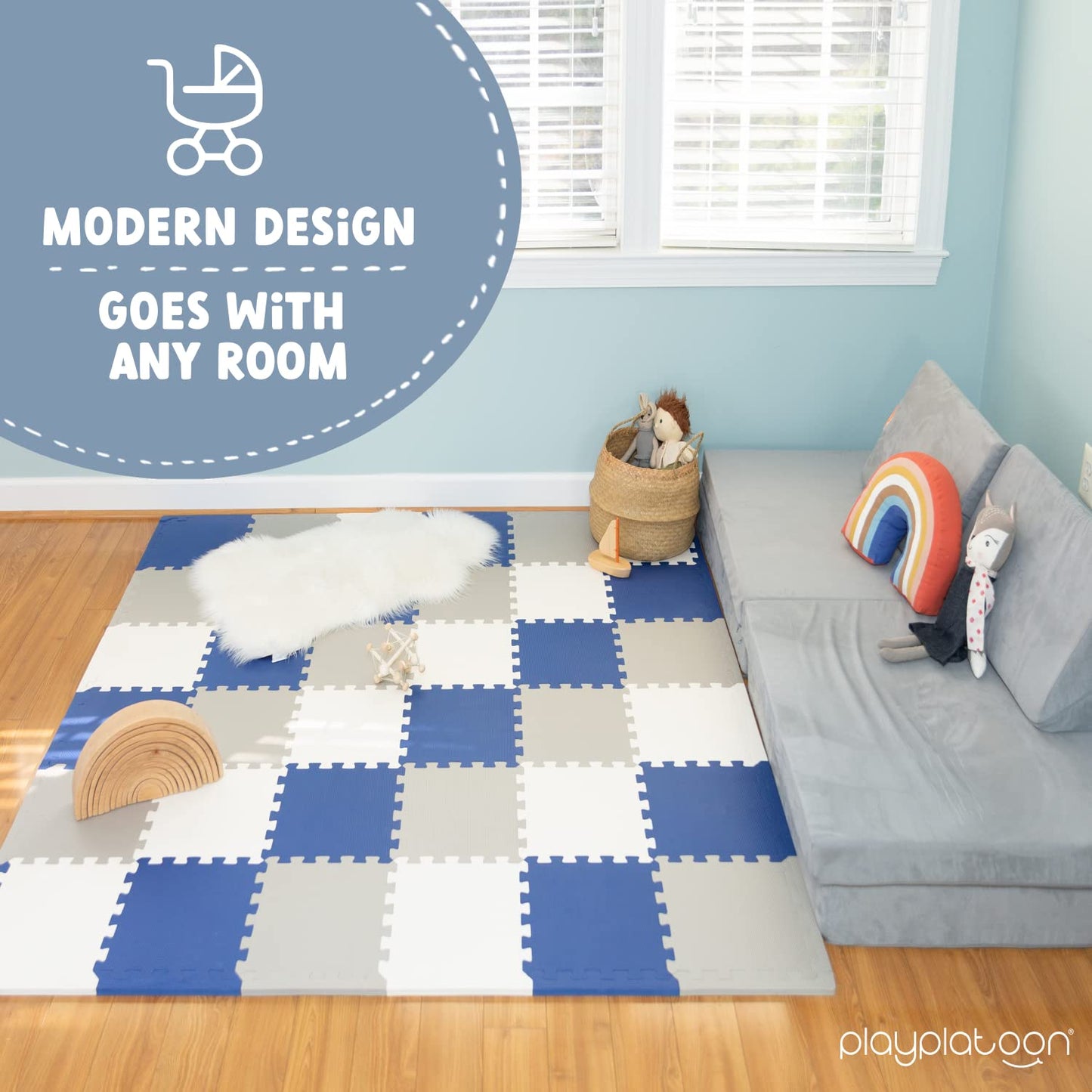 Play Platoon Non-Toxic Foam Puzzle Floor Mat, Comfortable, Extra Thick, Cushiony Exercise And Play Mat For Toddlers, Kids & Adults, 36 Tiles (12'X12'), Grey/Cream/Navy