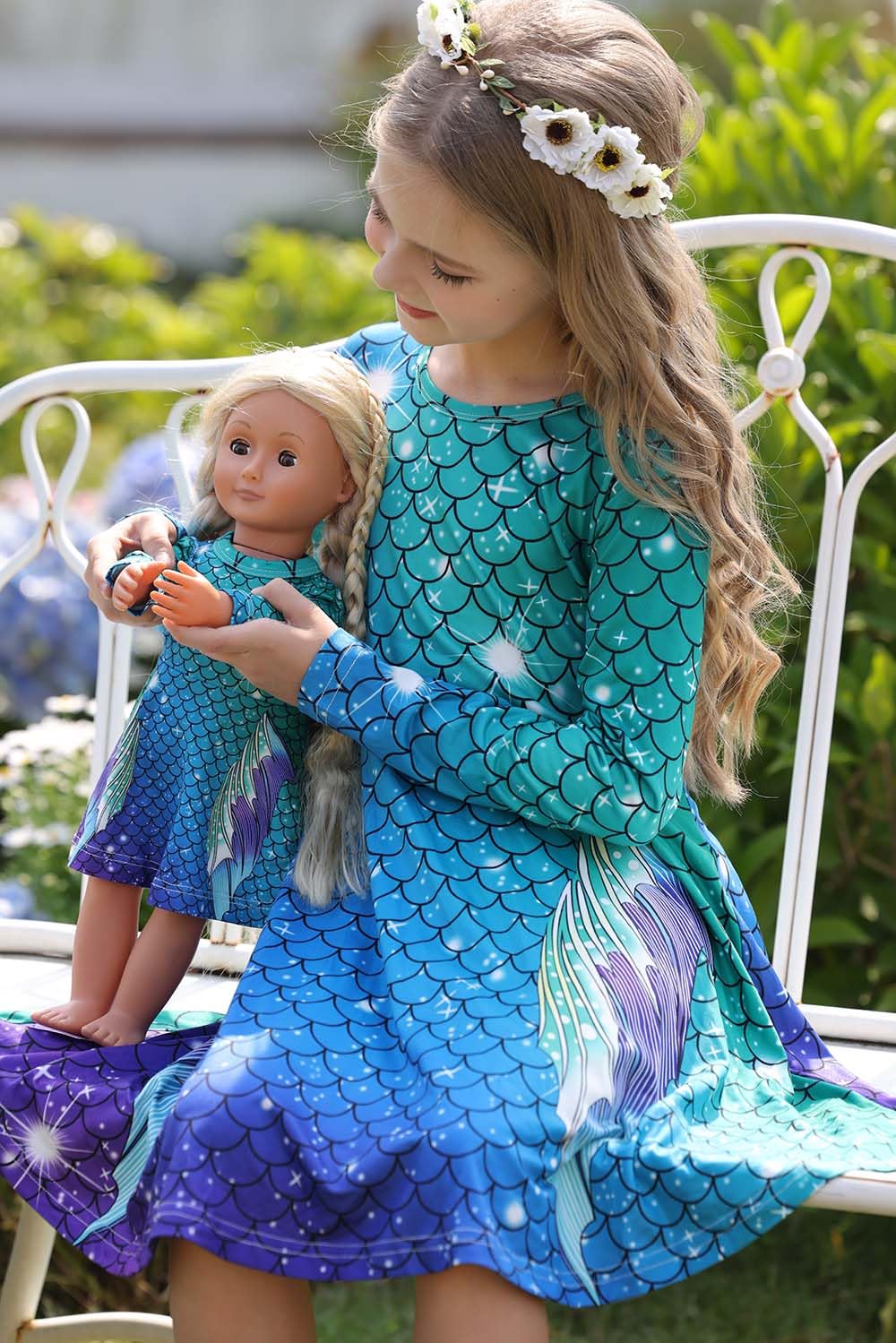 Bow Dream Cute Girl Dress And Matching American Girl Doll Clothes Accessories For Girls Dresses Size 110 Blue Green