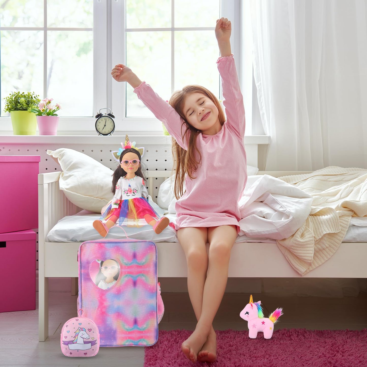 Wettarn 18 Inch Doll Carrier Set with Clothes and Accessories Including Doll Travel Bag, Dress, Shoes, Sunglasses, Backpack and