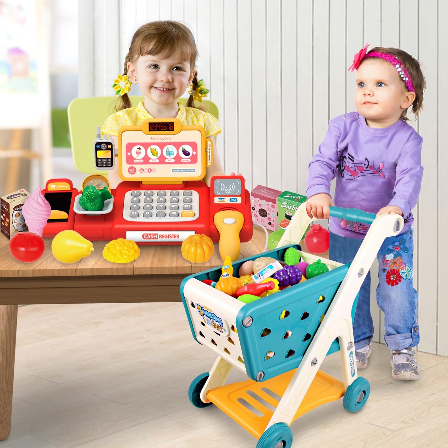 Yalujumb Kids Shopping Cart Trolley Play Set And Pretend Play Calculator Cash Register Toy With Pretend Food And Accessories,Per