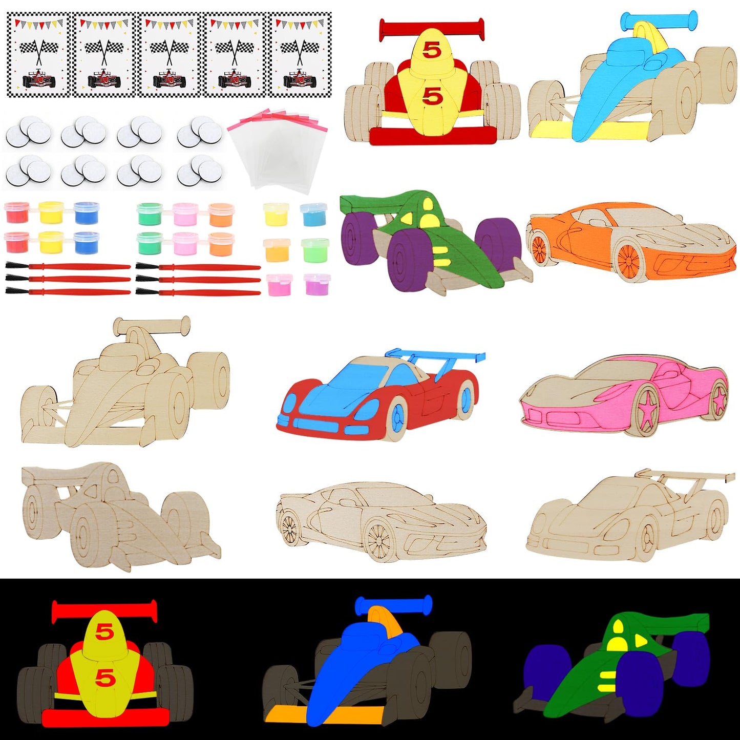 LARDUX Race Car Party Favors, 24PCS DIY Wooden Arts & Crafts Painting Kit for Kids, Glow in The Dark Party Favors Family Crafts