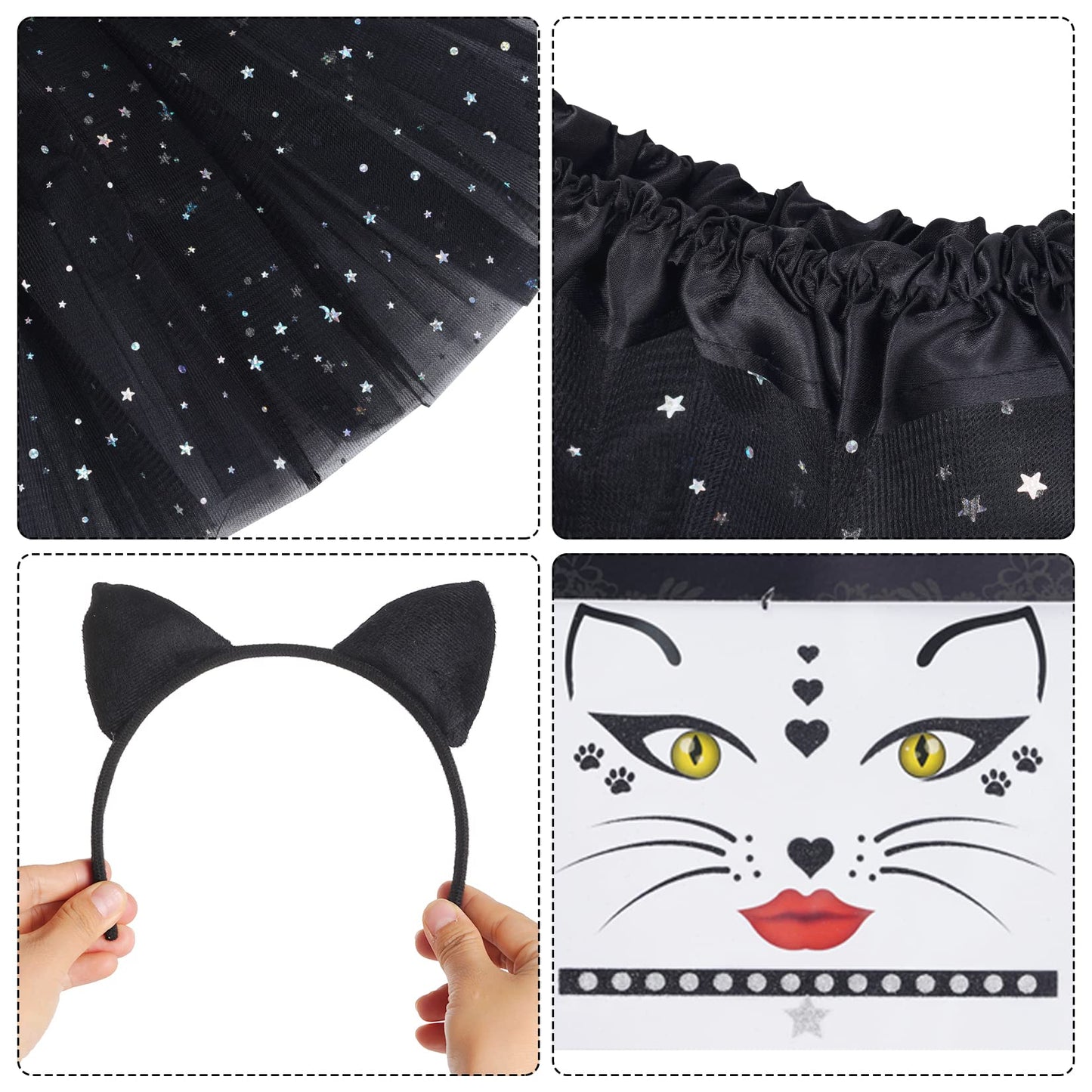 Dxhycc Black Cat Costume Cat Ears Headband Tail Bowtie Tutu And Stickers For Halloween Dress Up Party (Black, 11.8)