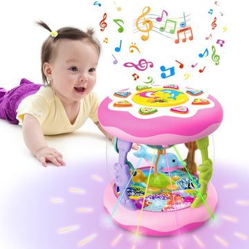 Baby Girl Toys For 6-12 Months Ocean Rotating Light Up Musical 6 7 8 9 Month Old Baby Toys Tummy Time Infant Toys 3-6 12-18 Months Crawling Baby Girl Toys 1 2 3 Year Old Baby Gifts For Girls (Pink)