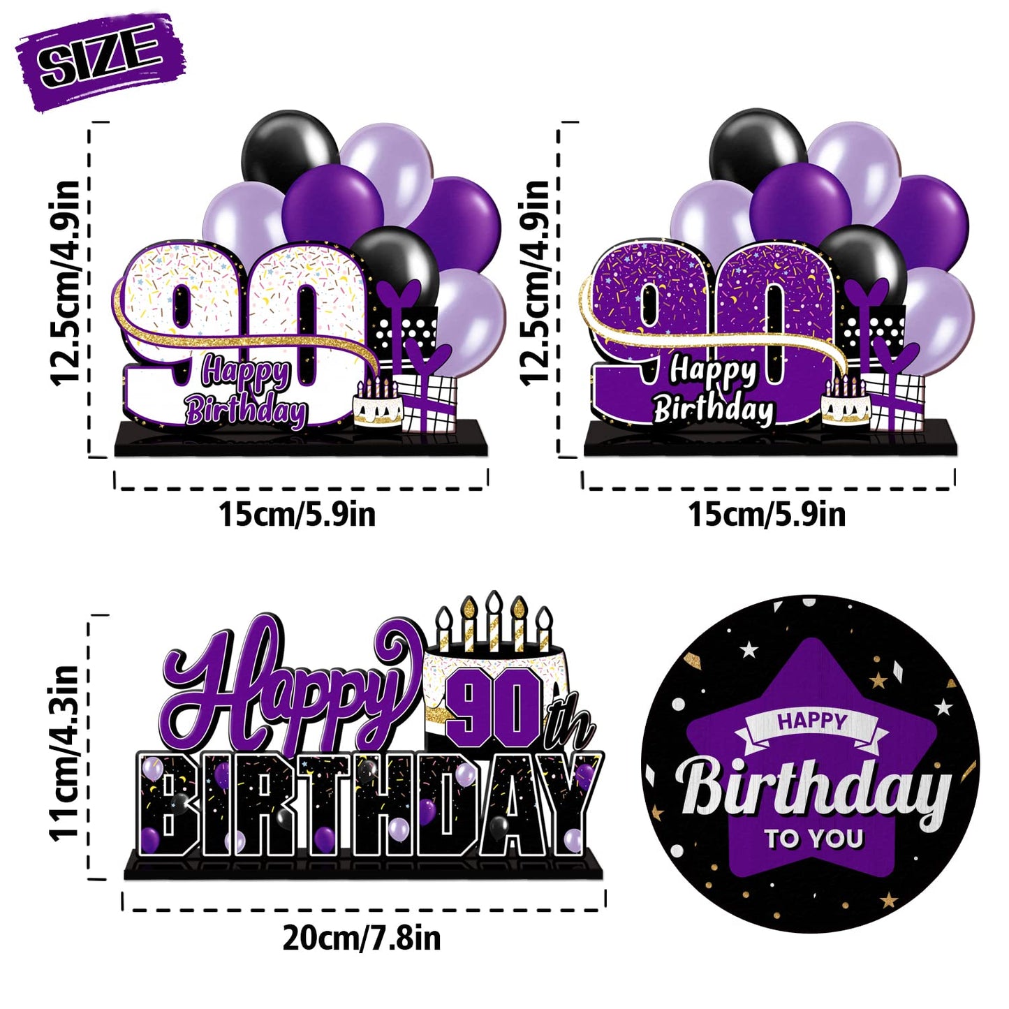 LINGTEER 90th Birthday Purple Acrylic Table Topper Centerpieces - Cheers to Ninety Years Old Party Decorations