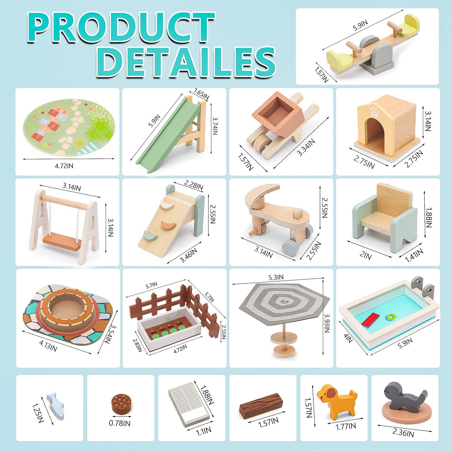 HAPGFS Wooden Doll House Furniture and Accessories Outdoor Play Set for Kids- Includes Slide  Swing  BBQ Grill  Pool & Garden - Perfect Doll House Decor Gift for Children 3-6 Years Birthday Christmas