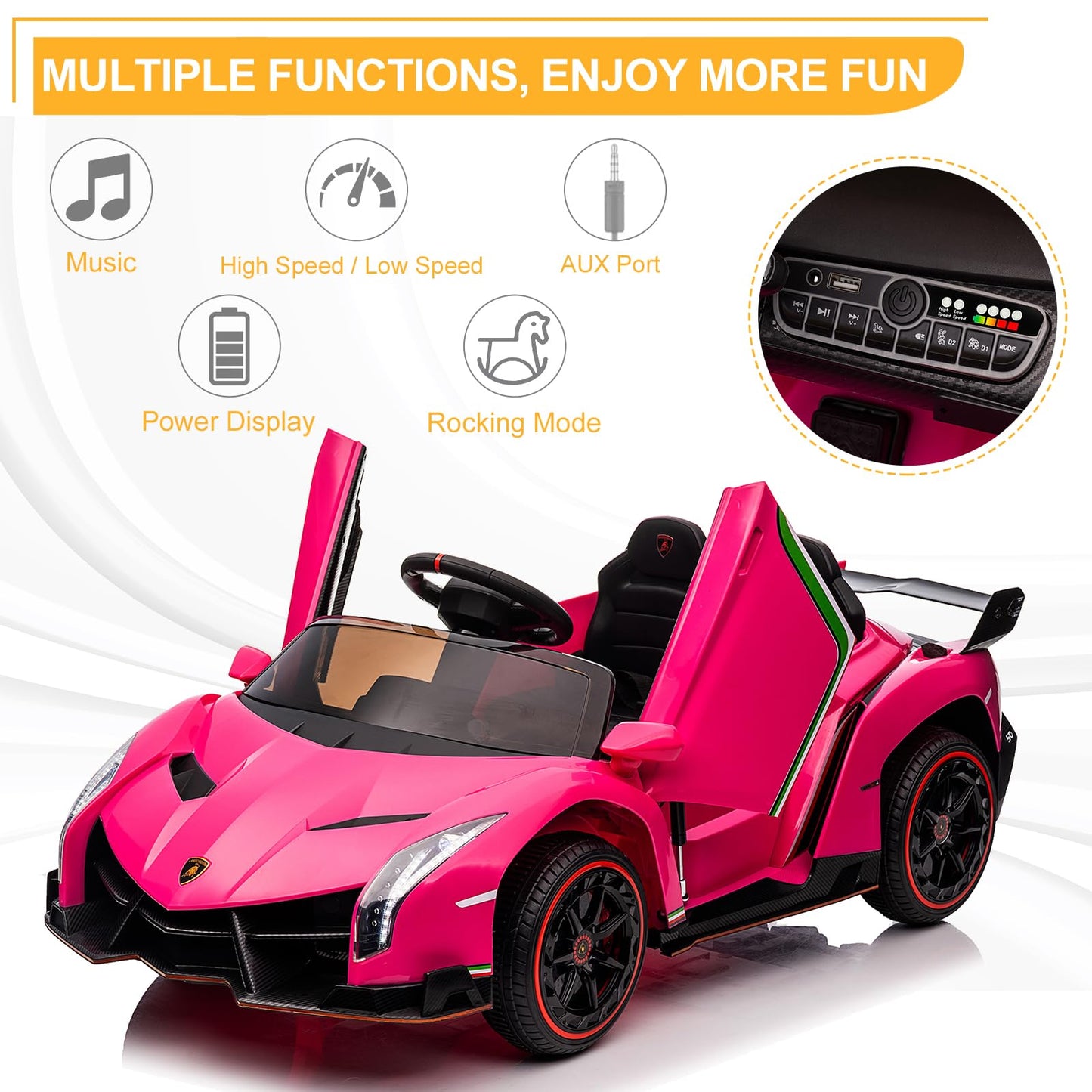 Winado 12V Electric Vehicle Lamborghini Veneno for Kids - Large Pink, Battery Powered, Hydraulic Doors, 3 Speeds, LED Headlights, Model LBJN-200