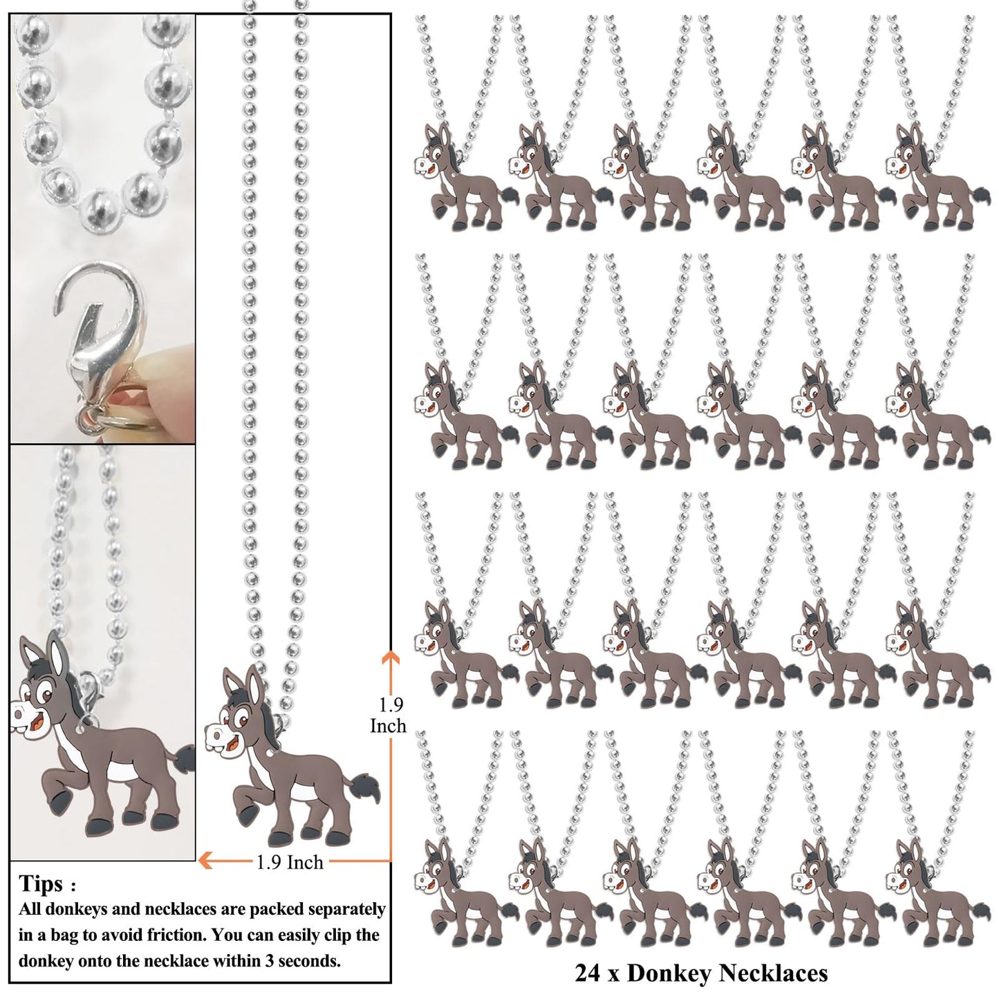 KeeStar 24 Pack Donkey Necklace Party Favors for Farm Animal Baby Shower, Barnyard Themed Party, Birthday, School Carnival Rewar