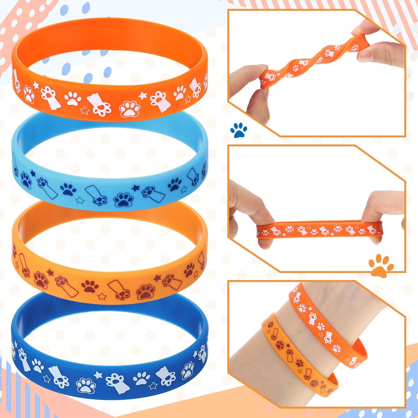 Landical 24 Pcs Blue Dog Party Favor Blue Navy Brown Tan Orange Paw Patterns Silicone Bracelets Dog Birthday Decorations For Wed