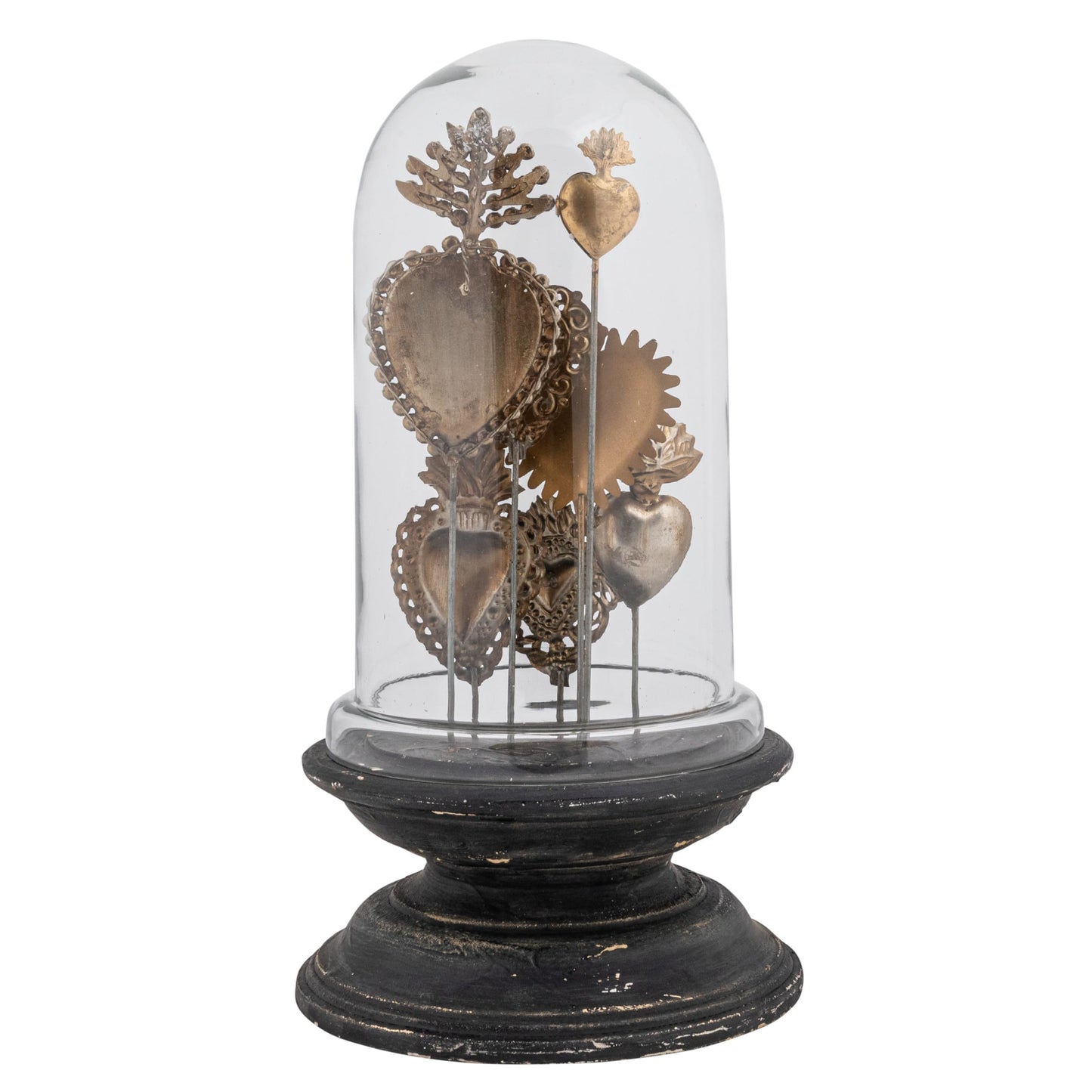 Decorative Tin Sacred Hearts On Wood Pedestal With Glass Cloche