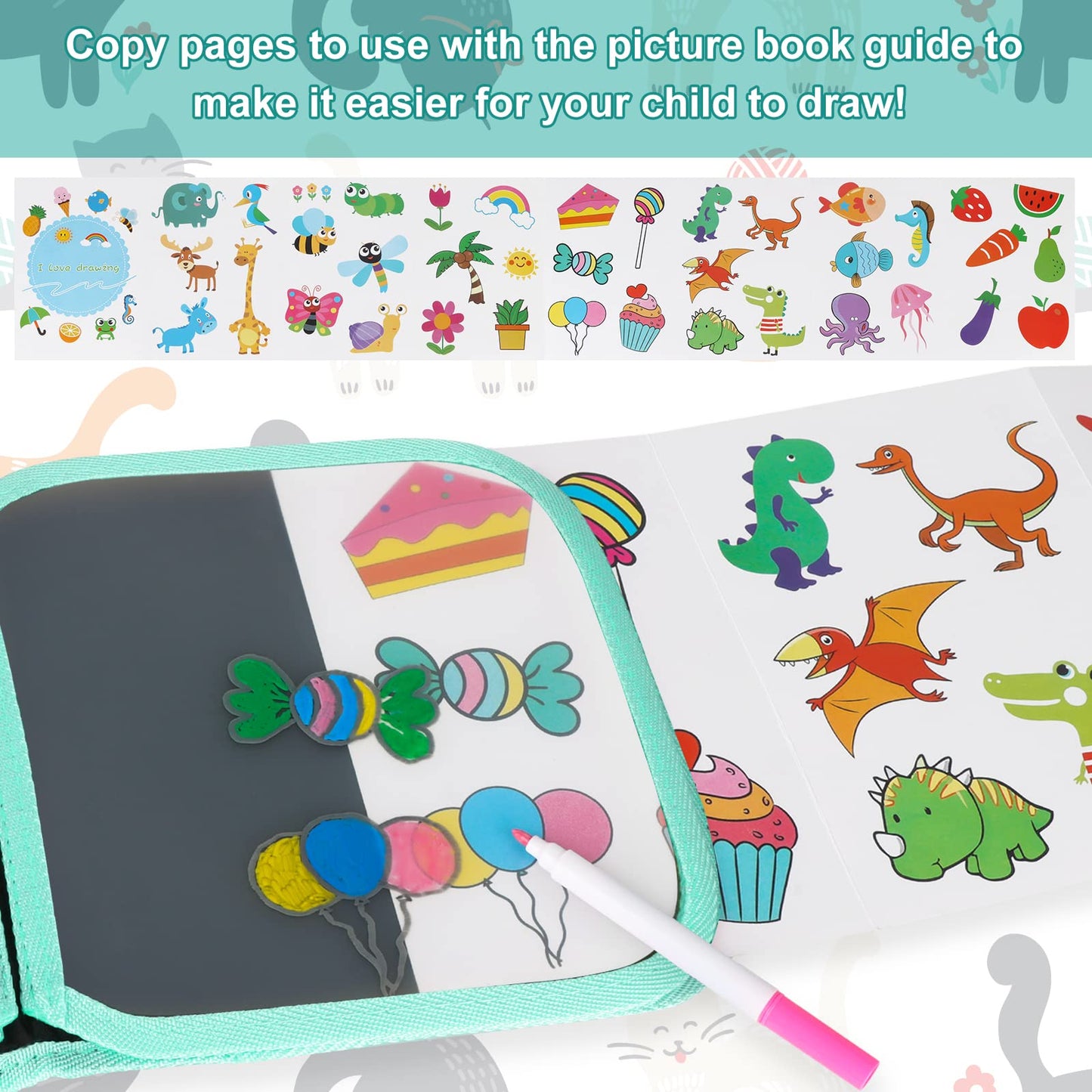 Qrytoi Erasable Doodle Set for Kids - Magic Drawing Book With 12 Watercolor Pens, 14 Page Reusable Book, Road Trip Car Game Writ