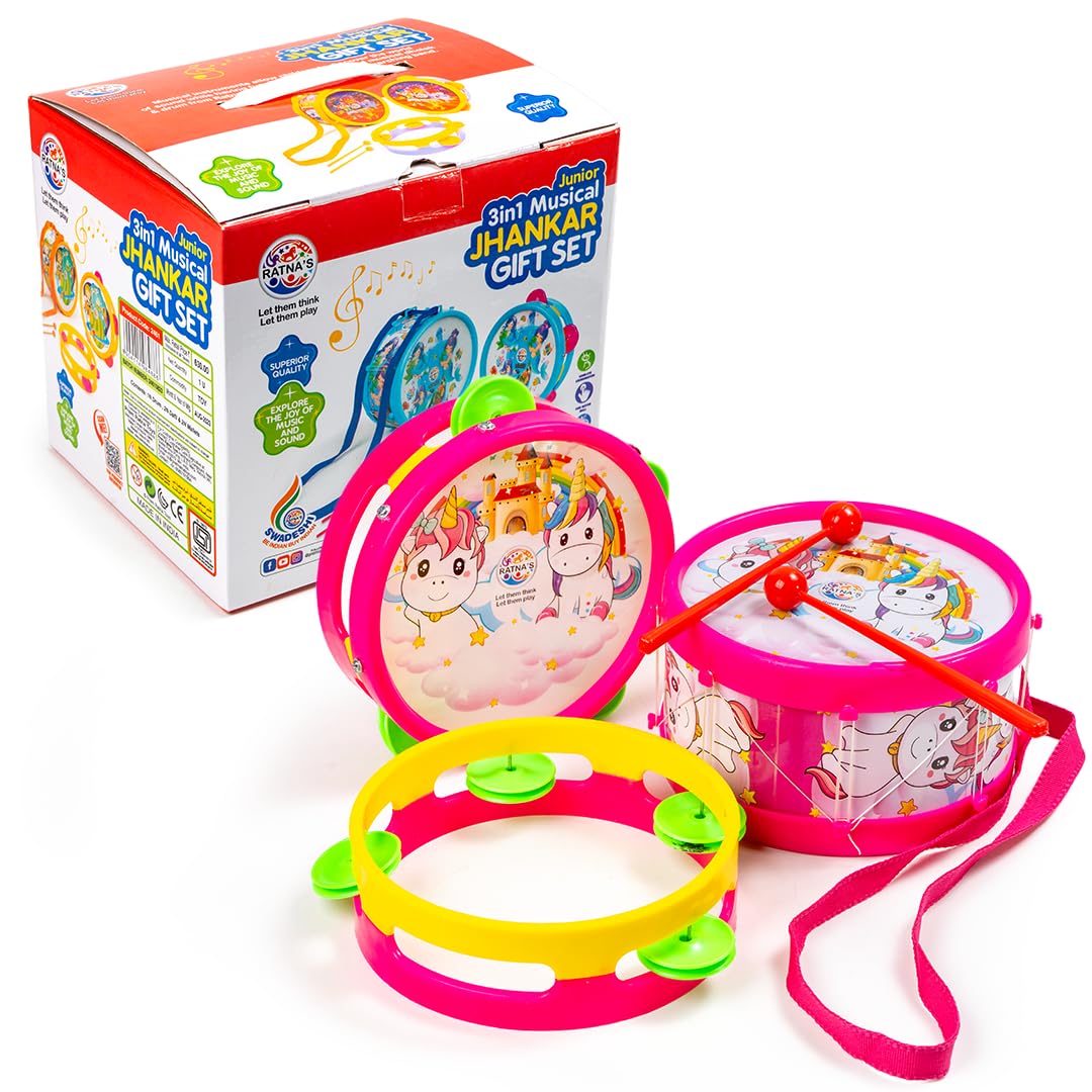 RatnaS 3 In 1 Musical Jhankar Gift Set Junior Unicorn Printed Drum Dafli Toy Musical Instrument With 2 Mallets For Kids