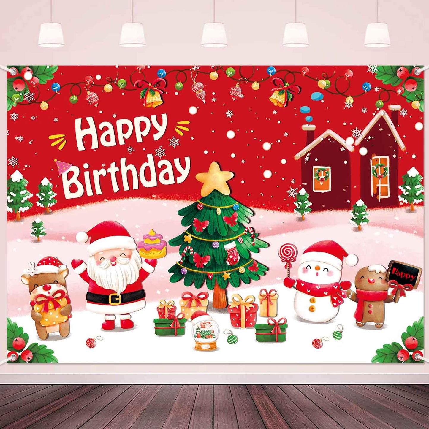 LDWLYW Christmas Birthday Backdrop Happy Birthday Christmas Banner Backdrop for Girls Kids Red Christmas Birthday Party Decorati