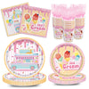 Ice Cream Party Supplies Summer Birthday Disposable Tableware Set Pink Plates Napkins Cups Birthday Party Dinnerware For 24 Gues