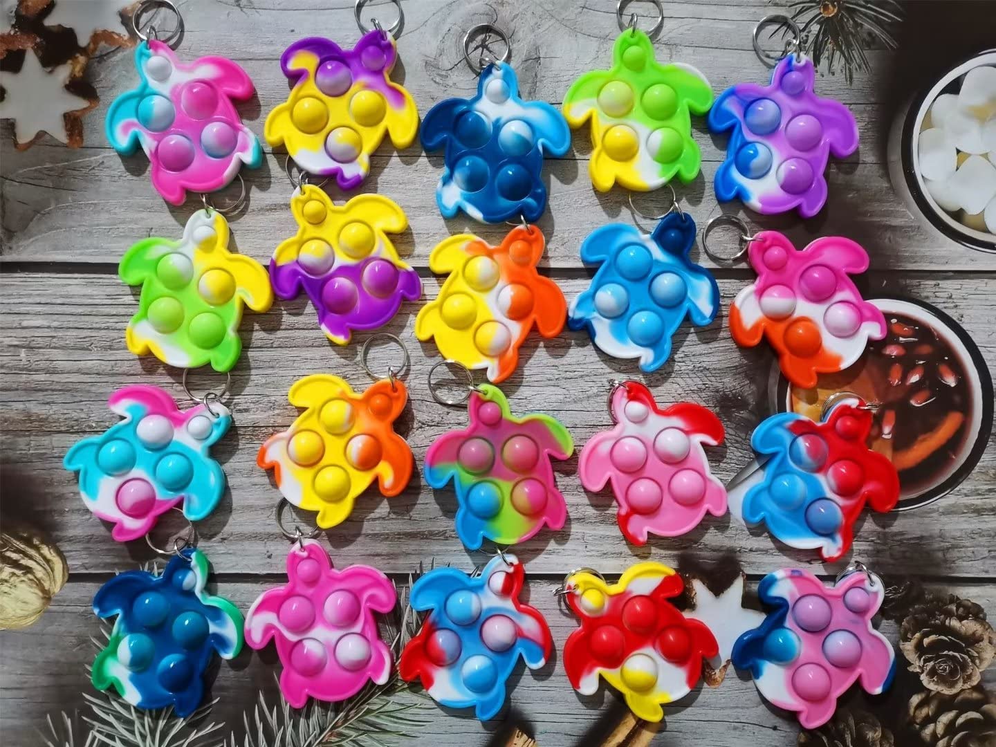 Roaqua Rainbow Mini Pop Turtle Fidget Keychain Toy - 20 pcs Stress Reliever, Silicone, Model Roaqua-110