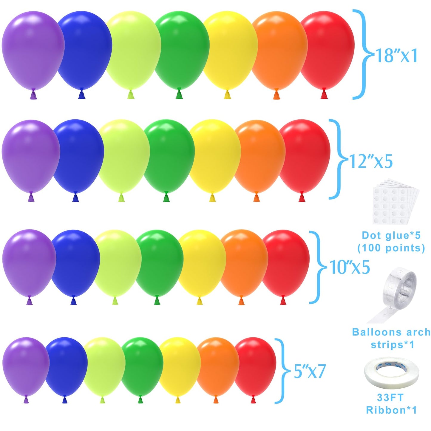 Nisocy Rainbow Balloons Arch Kit, 126Pcs 18In 12In 10In 5In Colorful Rainbow Balloons Different Sizes For Engagement, Wedding, B