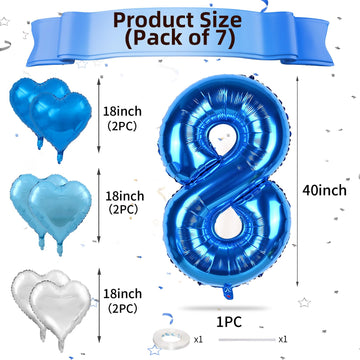 Biapian 40 Inch Blue Number 8 Balloons, Blue Large 8Th Birthday Balloons With 18'' Foil Blue Silver Heart Balloon Helium For 8Th