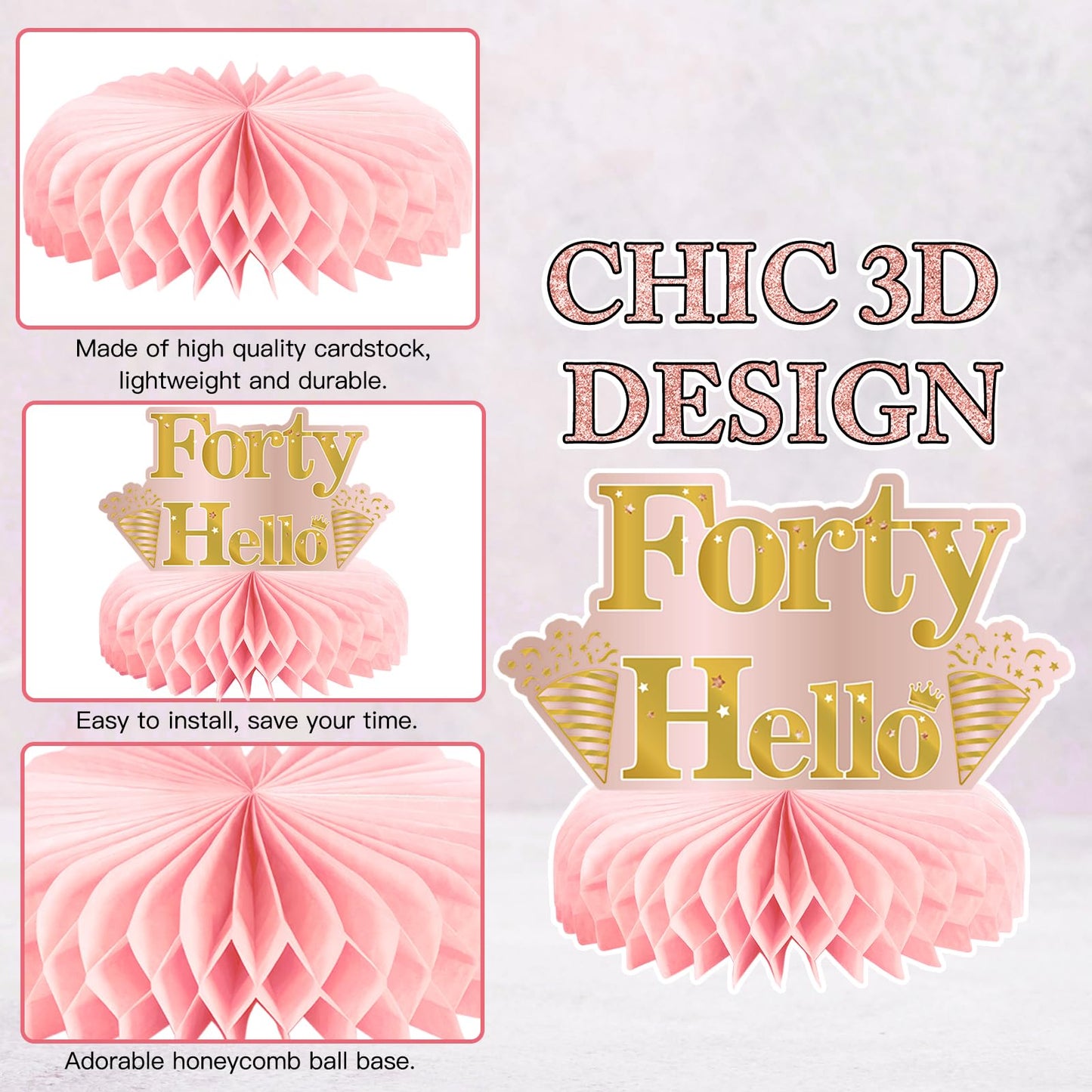 9Pcs 40Th Birthday Decorations Pink Rose Gold Honeycomb Centerpieces For Women,Happy 40Th Birthday Table Centerpieces Party Supp