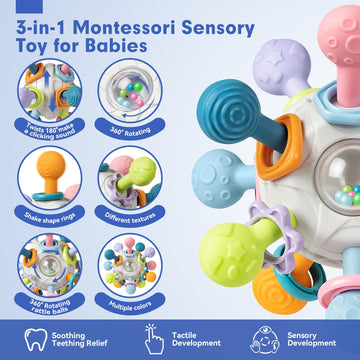 Springflower 3 In 1 Montessori Toys For Babies 0-3-6-12 Months, Rattle Teether & Baby Blocks & Soft Stacking Rings, Sensory Developmental Education Toys,Gift For Toddler Baby 0-3-6-12-18 Months