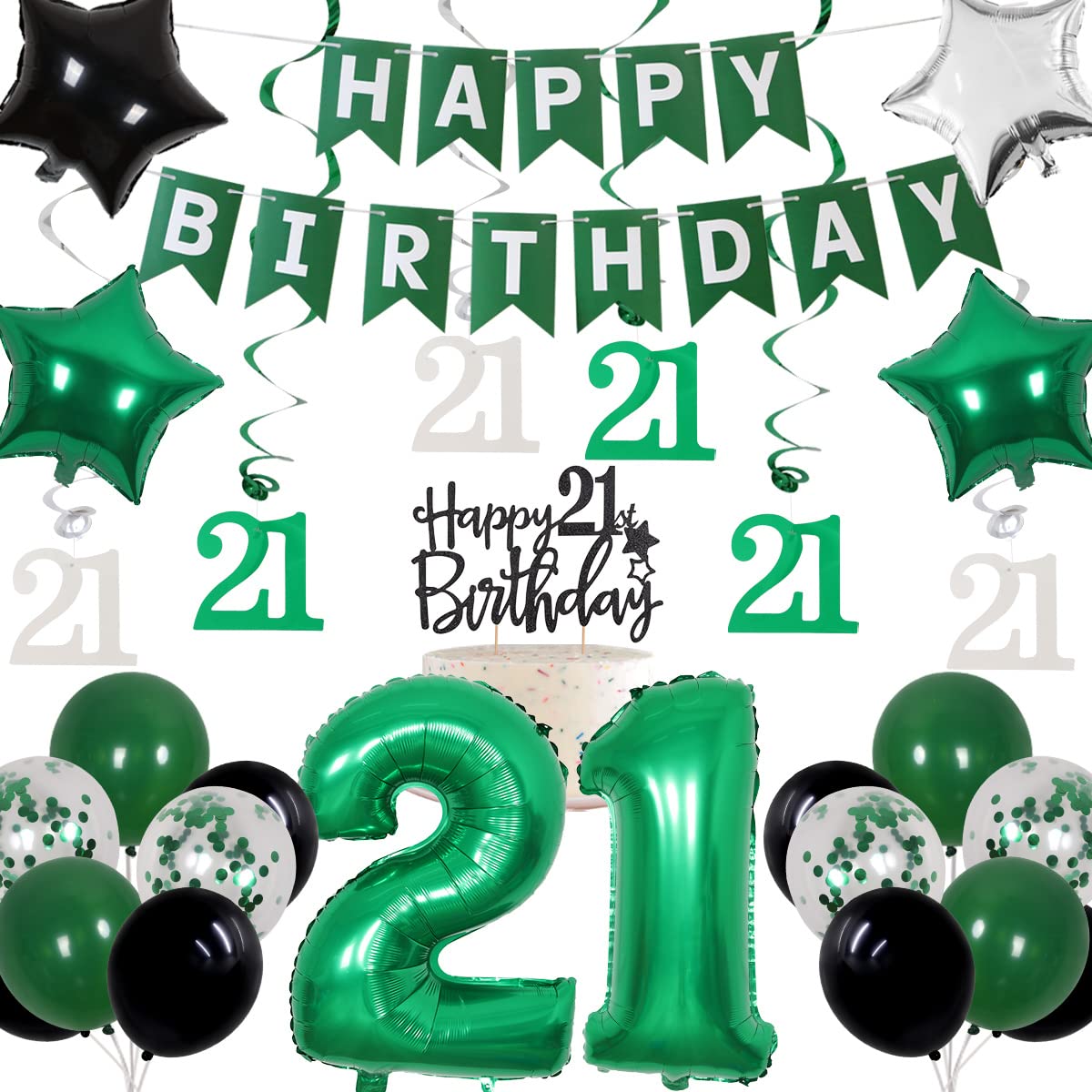 Cheereveal 21St Birthday Decorations For Her Him Green And Black Happy Birthday Banner Cake Topper Number 21 Foil Balloon Hanging Swirls For 21 Year Old Birthday Party Supplies