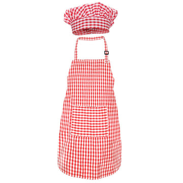 Kids Chef Hat Apron Set, Cute Children Baby Baking Gingham Aprons with Adjustable Neck Strap and Pockets for Boys and girls Cook