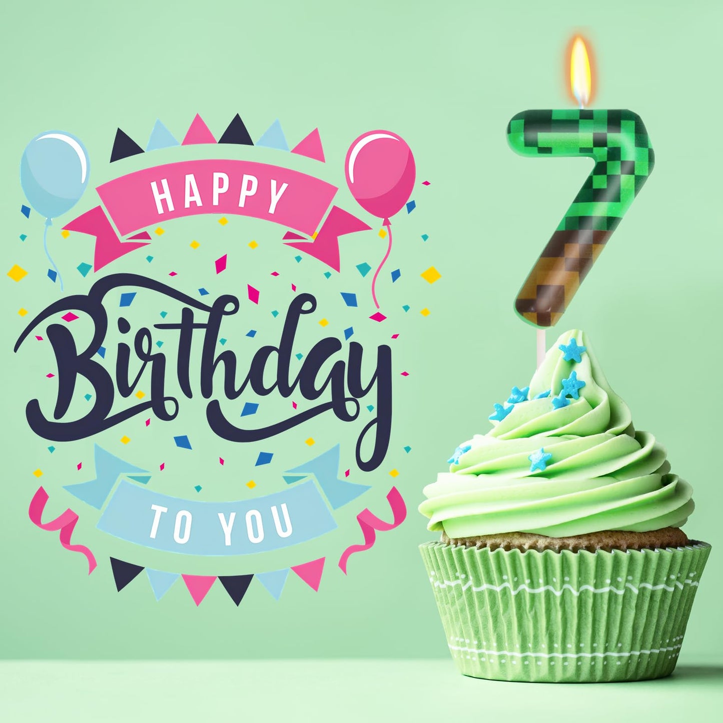 7th Pixel Miner Birthday Candles, Pixels Cake Topper for Boys Girls, TNT Themed Birthday Decorations Party Supplies (Number 7)