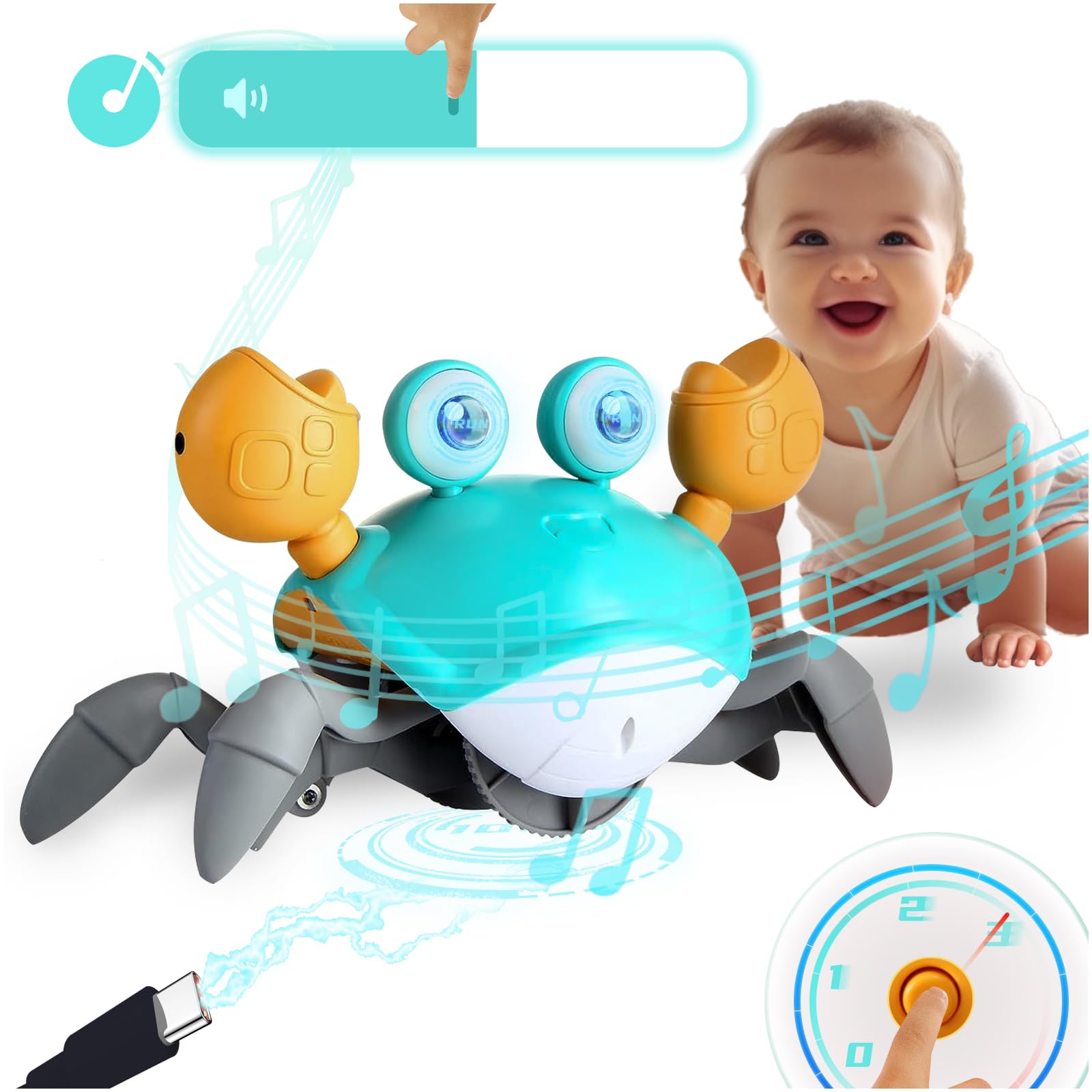 Tfs Topfans Crawling Crab Toy 2.0-2024 Baby Boy Tummy Time Walking Activity Crawly Crabby Sound&Speed Control Mute Rechargeable 